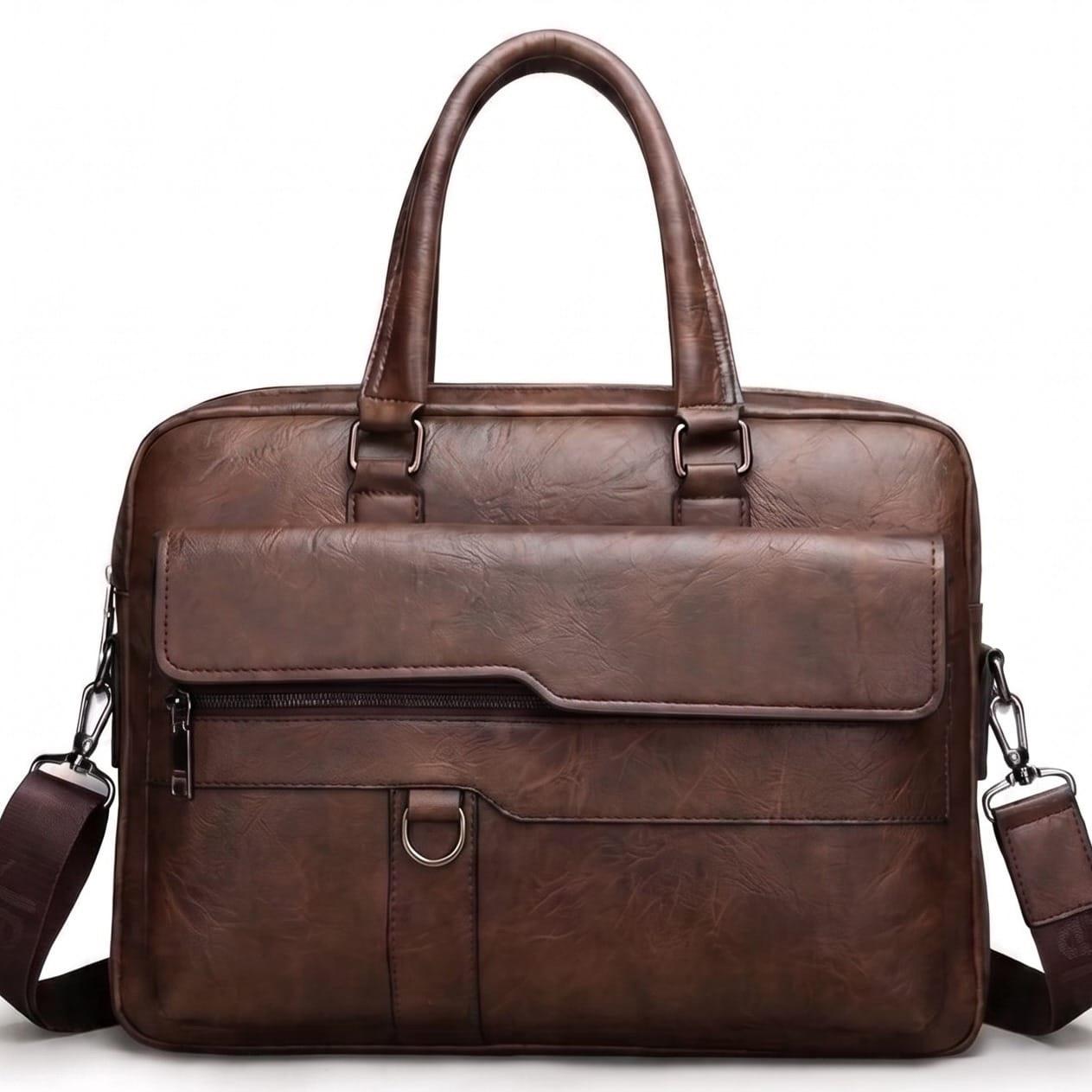 A dark brown leather briefcase with top handles, a front pocket and a shoulder strap.