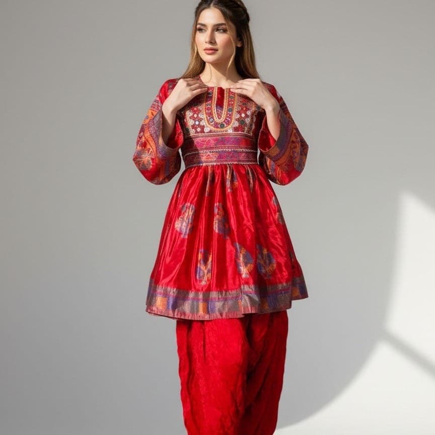 A woman in a red silk tunic and trousers with an embroidered neckline and waistband.