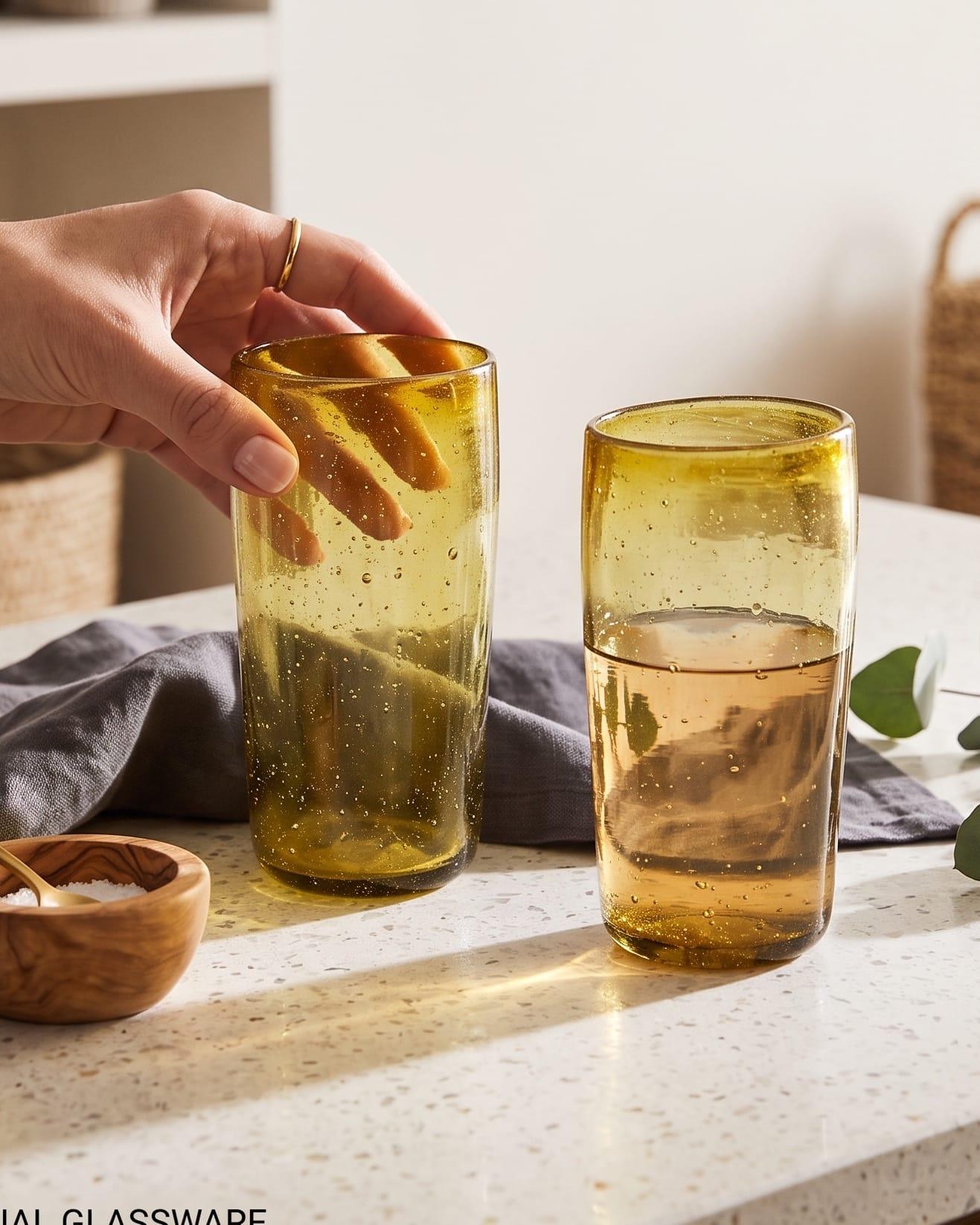 Two tall amber glass tumblers on a kitchen counter.