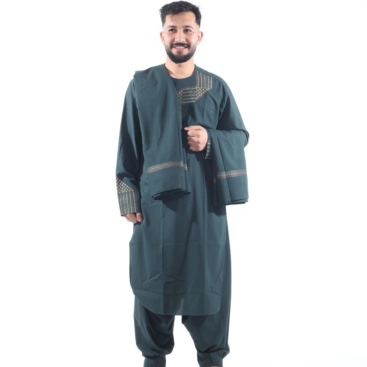 A man in a dark green tunic and trousers with a matching wrap over one shoulder.