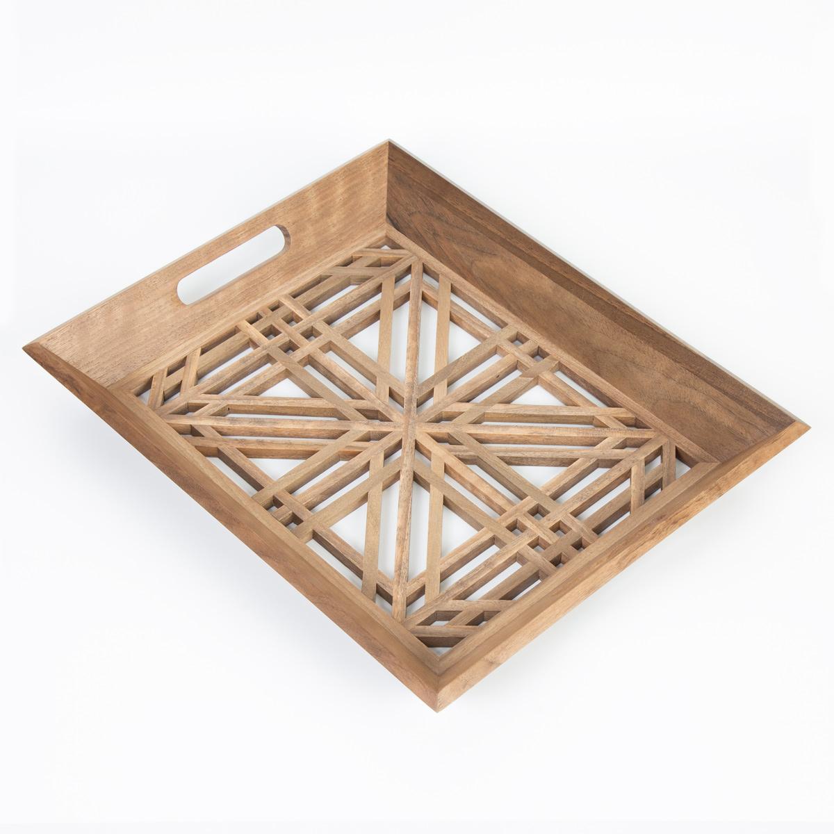 A rectangular wooden tray with a geometric lattice base and cut-out handles.