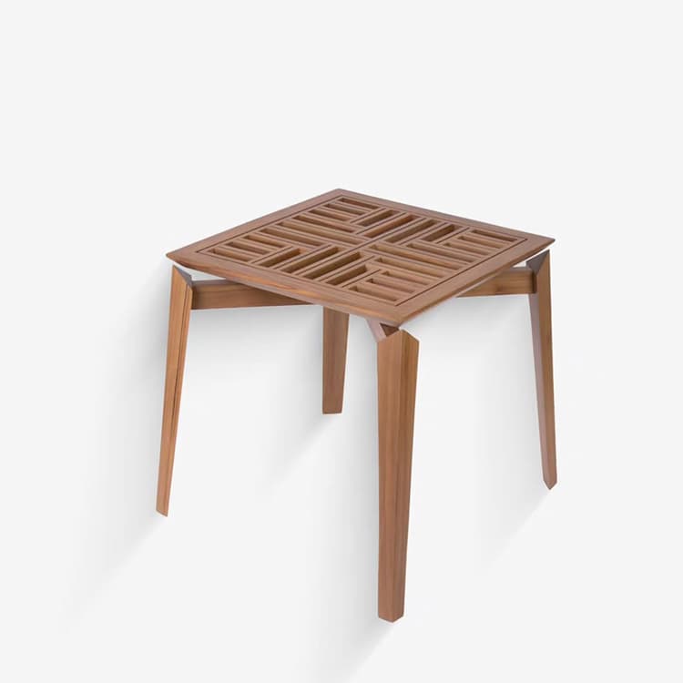 A square wooden side table with a geometric lattice top and four tapered splayed legs.