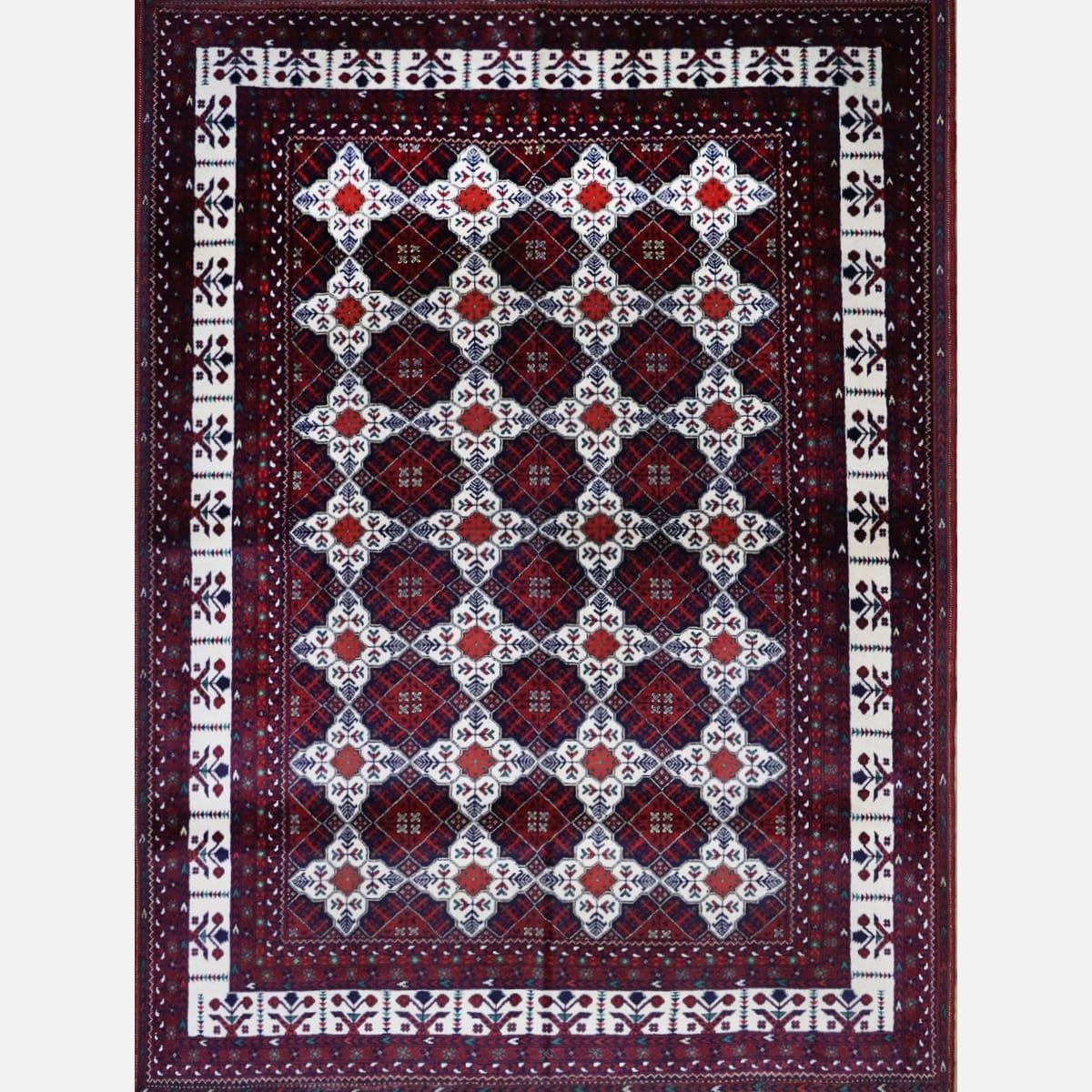 A rectangular rug with rows of red and ivory medallions inside a white border.
